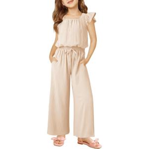 Haloumoning Girls Jumpsuits Kids Fashion Ruffle Sleeves Square Neck Rompers Drawstring Overalls with Pockets(Apricot)