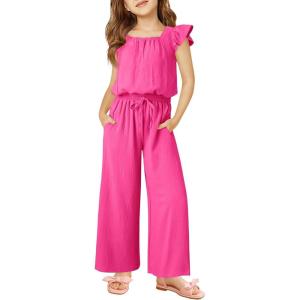 Haloumoning Girls Jumpsuits Kids Fashion Ruffle Sleeves Square Neck Rompers Drawstring Overalls with Pockets(Hot Pink)