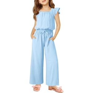Haloumoning Girls Jumpsuits Kids Fashion Ruffle Sleeves Square Neck Rompers Drawstring Overalls with Pockets(Light Blue)