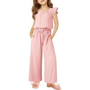Haloumoning Girls Jumpsuits Kids Fashion Ruffle Sleeves Square Neck Rompers Drawstring Overalls with Pockets(Light Pink)