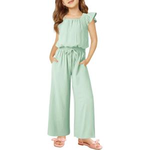 Haloumoning Girls Jumpsuits Kids Fashion Ruffle Sleeves Square Neck Rompers Drawstring Overalls with Pockets(Mint)