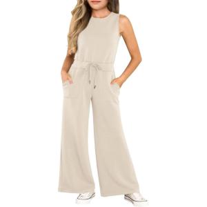 Haloumoning Girl’s Jumpsuits Sleeveless Round Neck Wide Leg One Piece Rompers Little Kid Big Kids(Apricot)