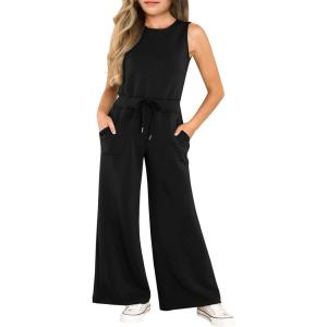 Haloumoning Girl’s Jumpsuits Sleeveless Round Neck Wide Leg One Piece Rompers Little Kid Big Kids(Black)