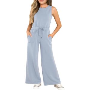 Haloumoning Girl’s Jumpsuits Sleeveless Round Neck Wide Leg One Piece Rompers Little Kid Big Kids(Bluish Gray)