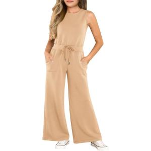 Haloumoning Girl’s Jumpsuits Sleeveless Round Neck Wide Leg One Piece Rompers Little Kid Big Kids(Khaki)