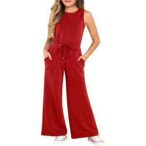 Haloumoning Girl’s Jumpsuits Sleeveless Round Neck Wide Leg One Piece Rompers Little Kid Big Kids(Red)