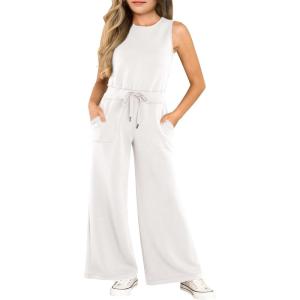 Haloumoning Girl’s Jumpsuits Sleeveless Round Neck Wide Leg One Piece Rompers Little Kid Big Kids(White)