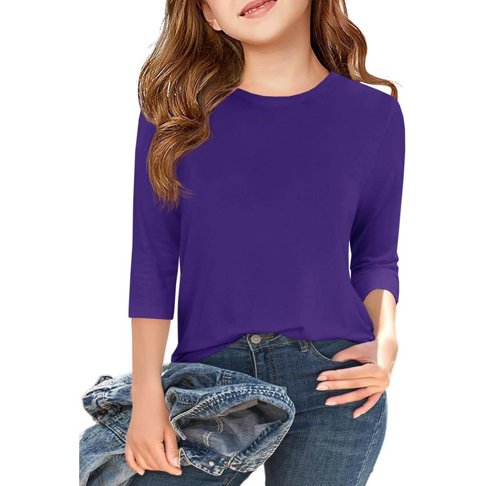 image:imageHaloumoning Girls Casual 34 Sleeve T Shirts Kids Crewneck Tops Fashion Tees 514 YearsDark Purple