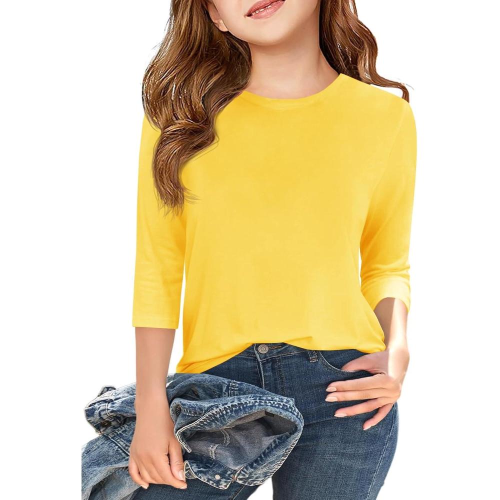 image:imageHaloumoning Girls Casual 34 Sleeve T Shirts Kids Crewneck Tops Fashion Tees 514 YearsYellow