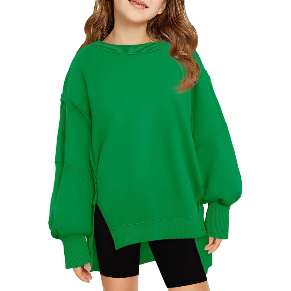 image:imageHaloumoning Girls Oversized Sweatshirt Long Sleeve Crewneck Kids Lightweight Cute Pullover Tops 514 YearsGreen