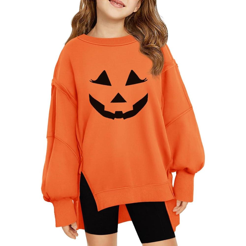 image:imageHaloumoning Girls Oversized Sweatshirt Long Sleeve Crewneck Kids Lightweight Cute Pullover Tops 514 YearsHalloweenorange
