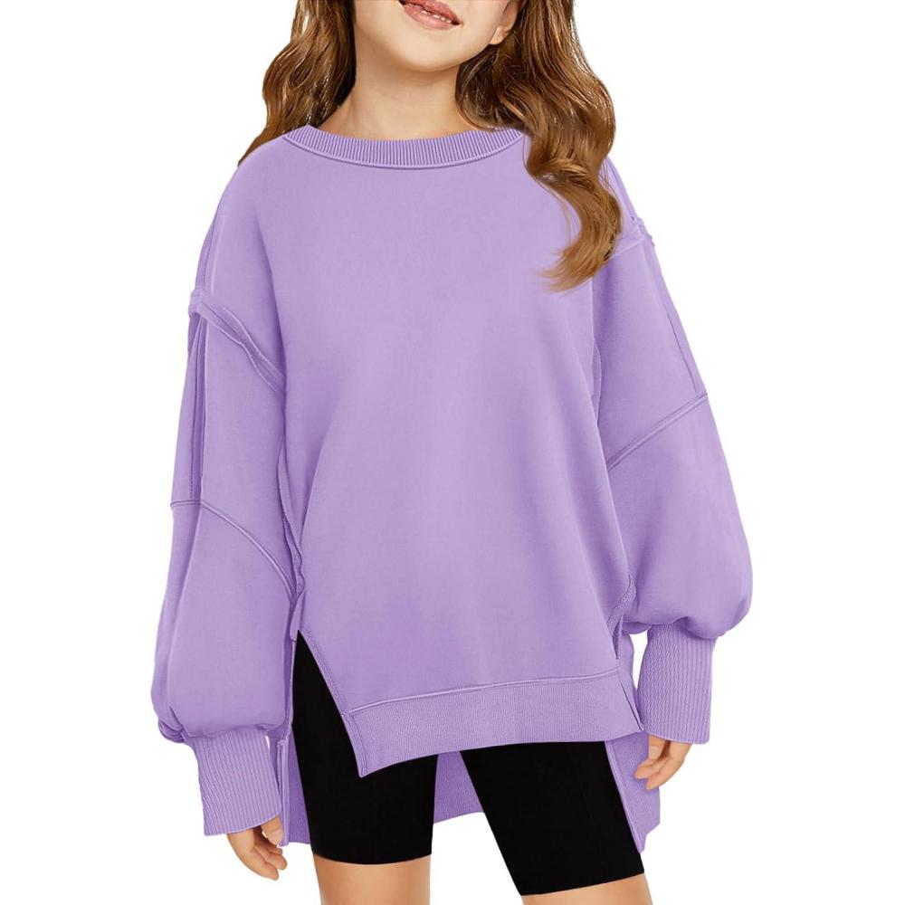 image:imageHaloumoning Girls Oversized Sweatshirt Long Sleeve Crewneck Kids Lightweight Cute Pullover Tops 514 YearsPurple