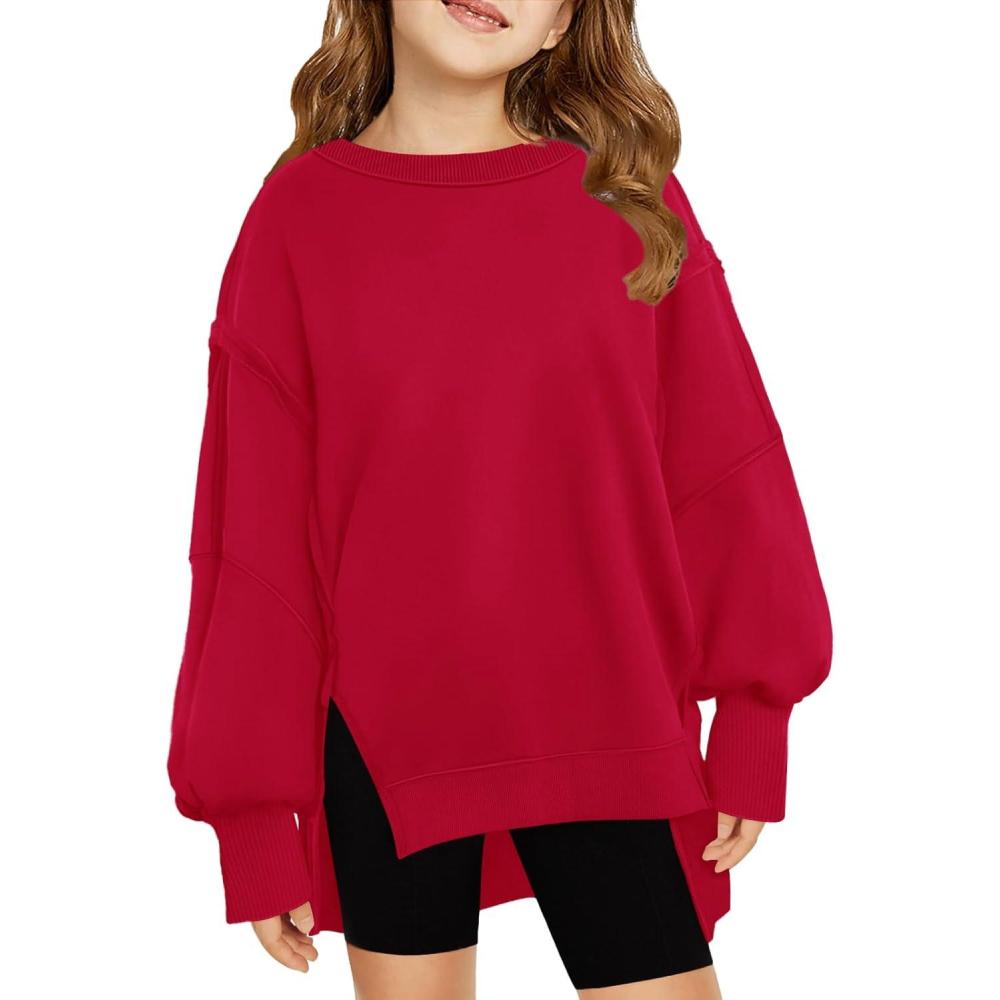 image:imageHaloumoning Girls Oversized Sweatshirt Long Sleeve Crewneck Kids Lightweight Cute Pullover Tops 514 YearsRed