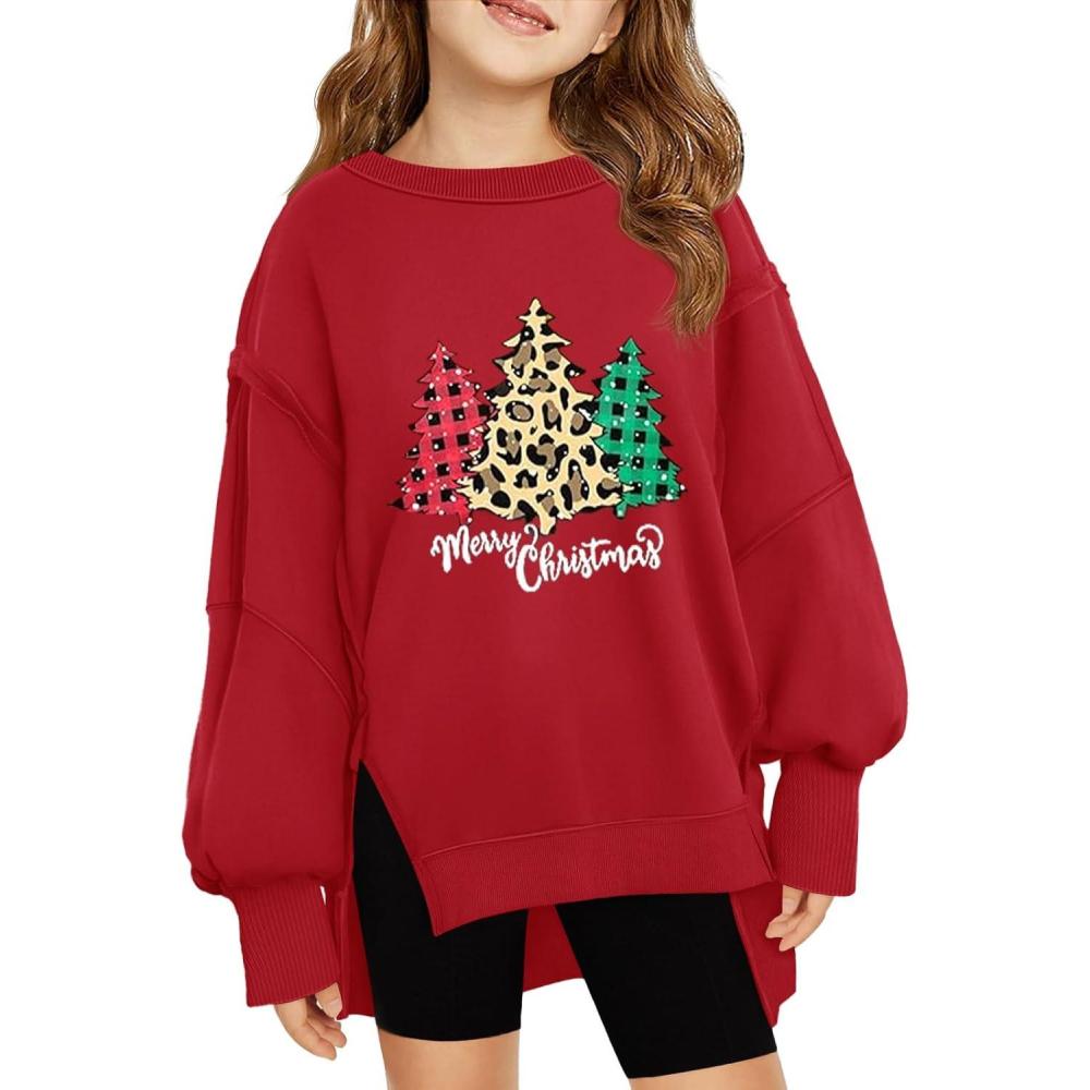 image:imageHaloumoning Girls Oversized Sweatshirt Long Sleeve Crewneck Kids Lightweight Cute Pullover Tops 514 YearsXmasred