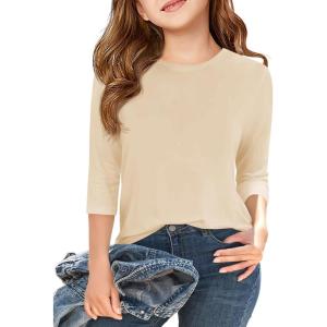 Haloumoning Girls Casual 3/4 Sleeve T Shirts Kids Crewneck Tops Fashion Tees 5-14 Years(Beige)