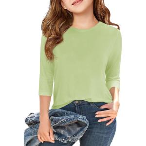 Haloumoning Girls Casual 3/4 Sleeve T Shirts Kids Crewneck Tops Fashion Tees 5-14 Years(Fluorescent Green)