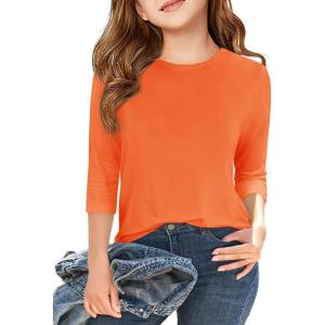 Haloumoning Girls Casual 3/4 Sleeve T Shirts Kids Crewneck Tops Fashion Tees 5-14 Years(Orange)