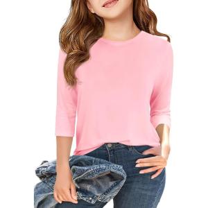 Haloumoning Girls Casual 3/4 Sleeve T Shirts Kids Crewneck Tops Fashion Tees 5-14 Years(Pink)
