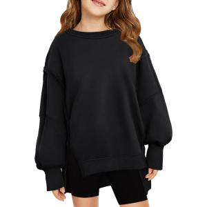 Haloumoning Girls Oversized Sweatshirt Long Sleeve Crewneck Kids Lightweight Cute Pullover Tops 5-14 Years(Black)
