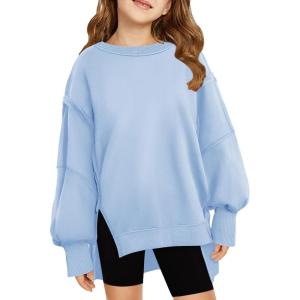 Haloumoning Girls Oversized Sweatshirt Long Sleeve Crewneck Kids Lightweight Cute Pullover Tops 5-14 Years(Blue)