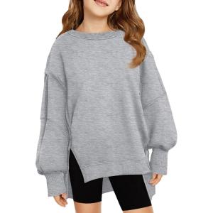 Haloumoning Girls Oversized Sweatshirt Long Sleeve Crewneck Kids Lightweight Cute Pullover Tops 5-14 Years(Grey)