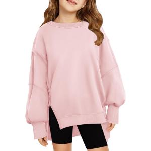 Haloumoning Girls Oversized Sweatshirt Long Sleeve Crewneck Kids Lightweight Cute Pullover Tops 5-14 Years(Pink)