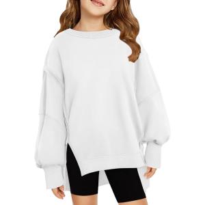 Haloumoning Girls Oversized Sweatshirt Long Sleeve Crewneck Kids Lightweight Cute Pullover Tops 5-14 Years(White)