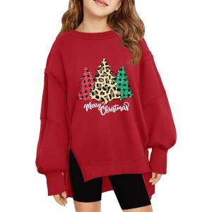 Haloumoning Girls Oversized Sweatshirt Long Sleeve Crewneck Kids Lightweight Cute Pullover Tops 5-14 Years(Xmas-red)