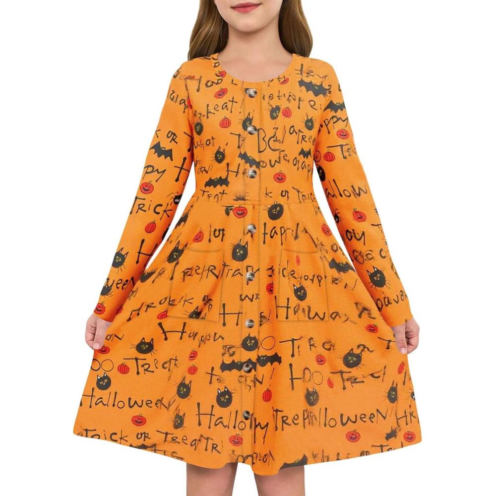 image:imageGirls Dresses Kids Button Down Midi Long Sleeve Casual A Line Dress with Pockets 414 YearsAorange