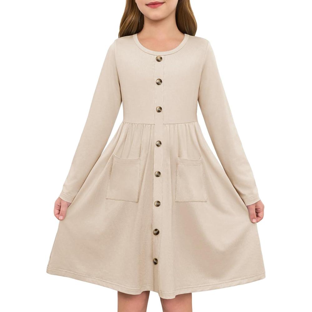 image:imageGirls Dresses Kids Button Down Midi Long Sleeve Casual A Line Dress with Pockets 414 YearsApricot