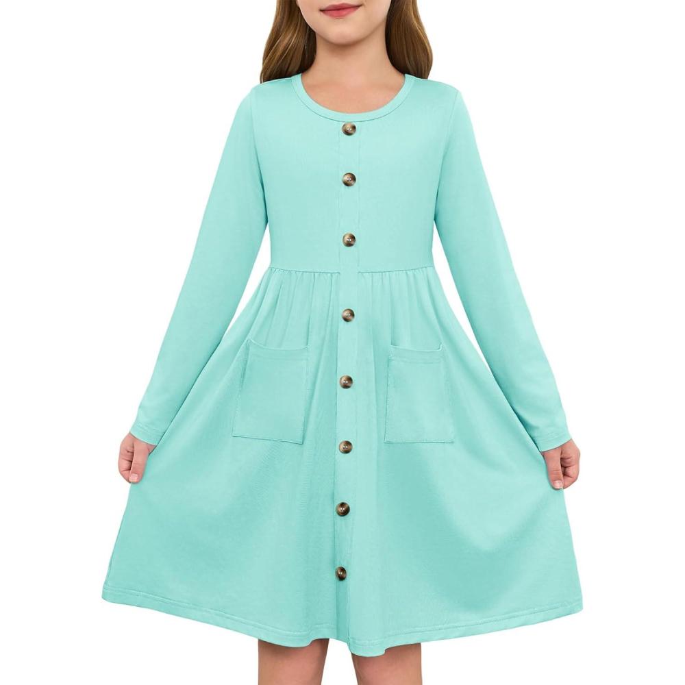 image:imageGirls Dresses Kids Button Down Midi Long Sleeve Casual A Line Dress with Pockets 414 YearsMint Green