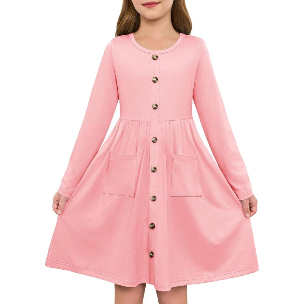 image:imageGirls Dresses Kids Button Down Midi Long Sleeve Casual A Line Dress with Pockets 414 YearsPink