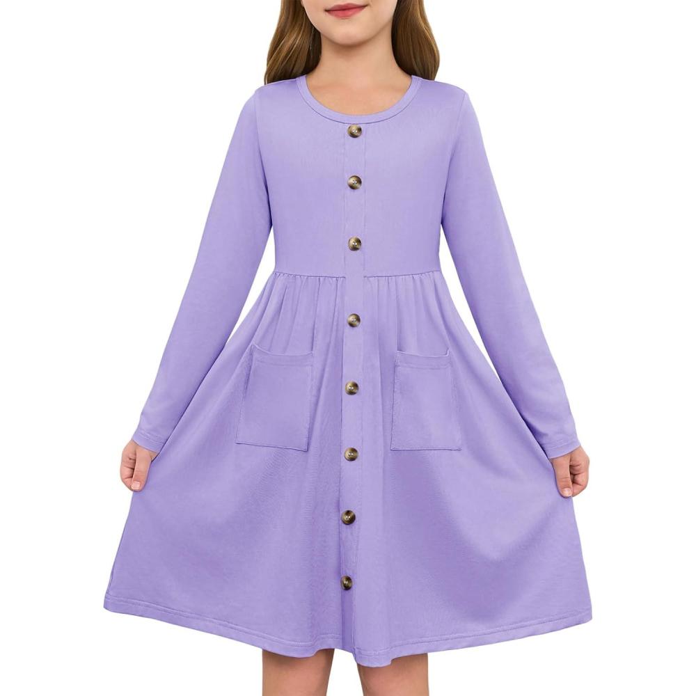 image:imageGirls Dresses Kids Button Down Midi Long Sleeve Casual A Line Dress with Pockets 414 YearsPurple