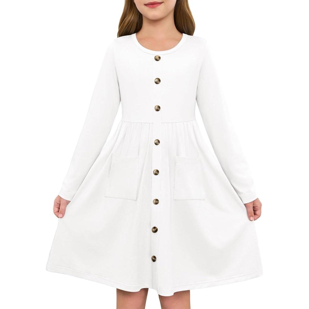 image:imageGirls Dresses Kids Button Down Midi Long Sleeve Casual A Line Dress with Pockets 414 YearsWhite