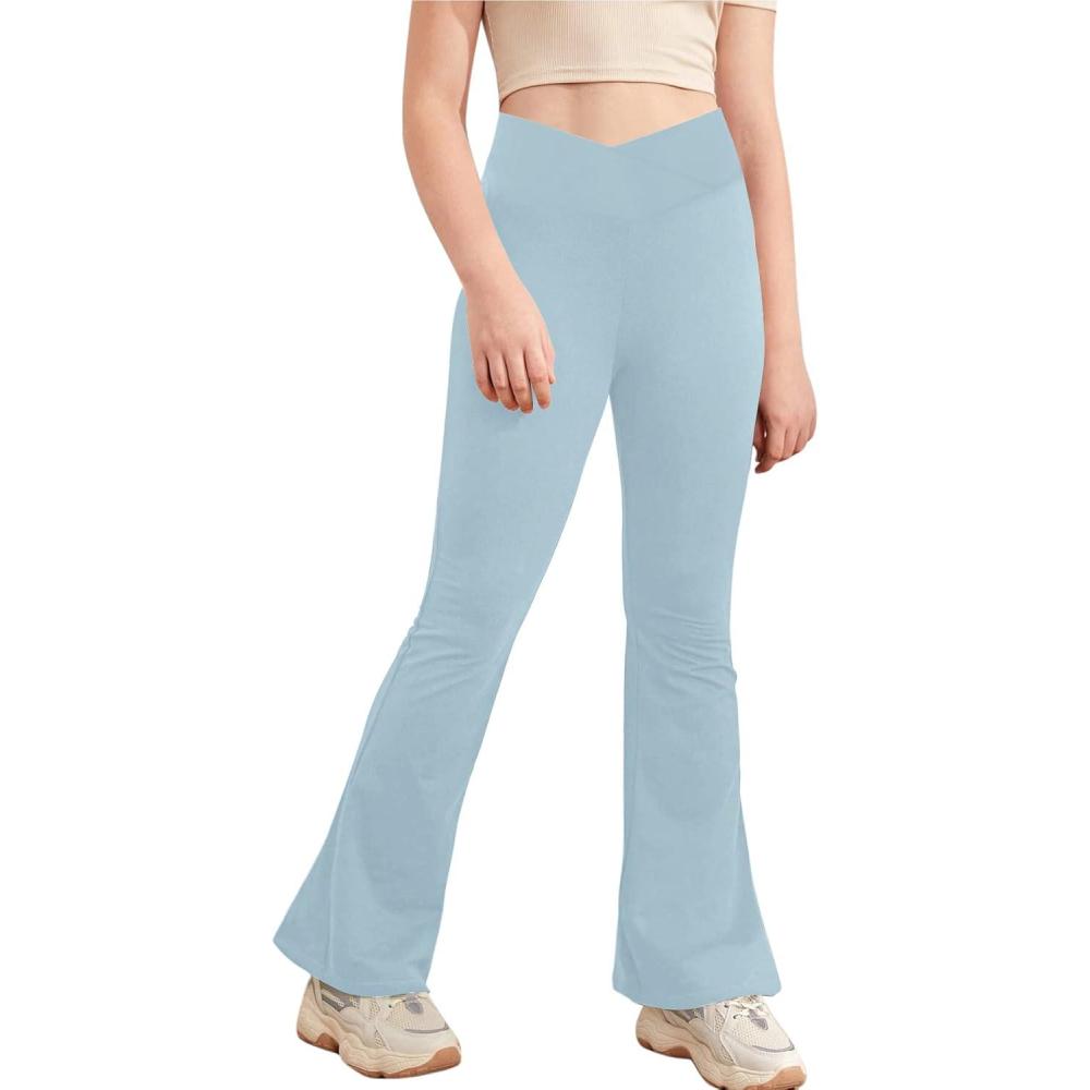 image:imageGirls Leggings Cross High Waisted Flare Pants Yoga Bootcut Pants Solid Color Full Length Bell BottomsBlue