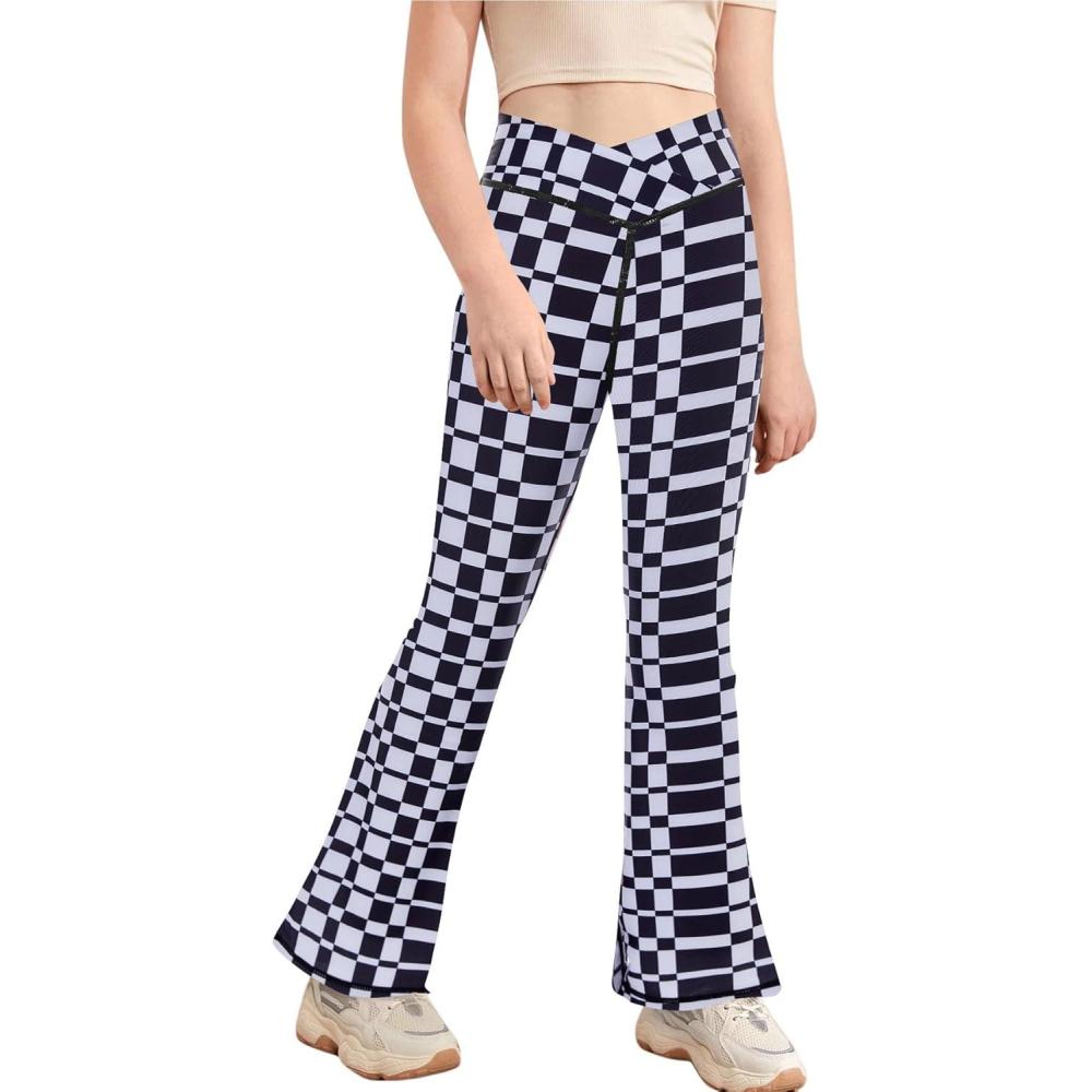 image:imageGirls Leggings Cross High Waisted Flare Pants Yoga Bootcut Pants Solid Color Full Length Bell BottomsCheckered