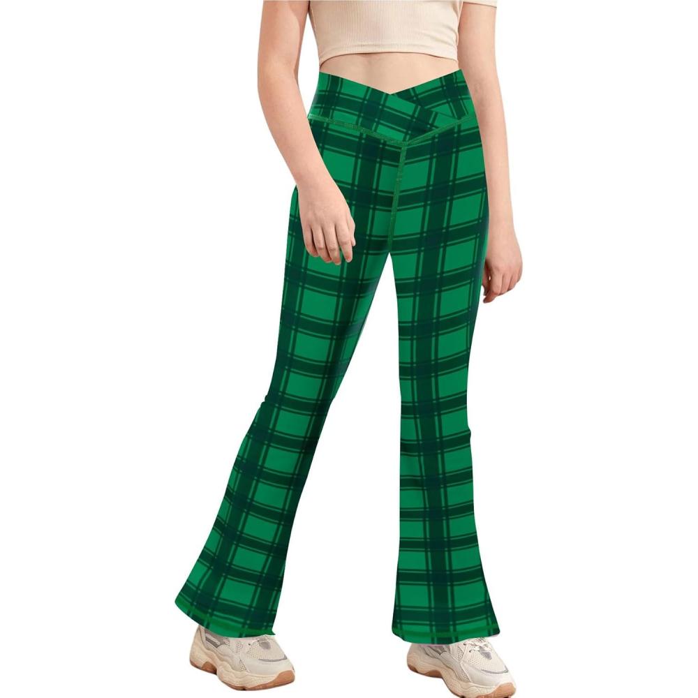 image:imageGirls Leggings Cross High Waisted Flare Pants Yoga Bootcut Pants Solid Color Full Length Bell BottomsGreen Checkered