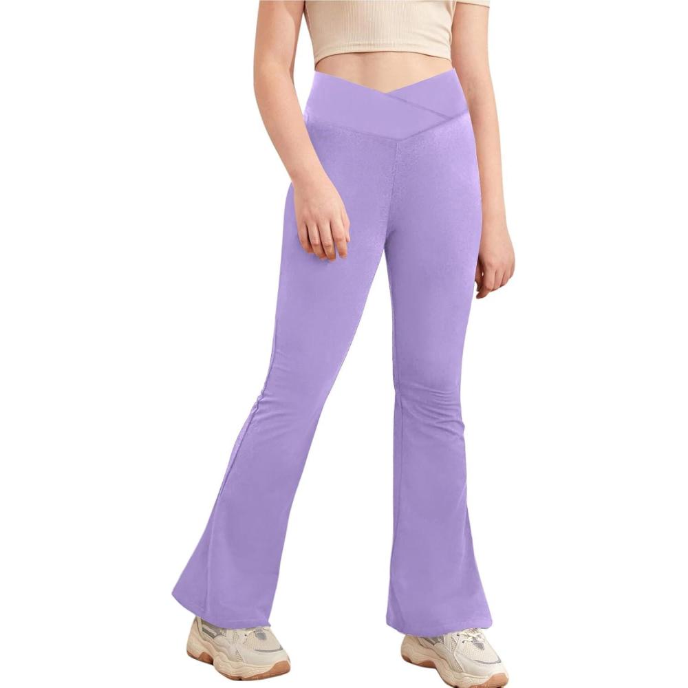 image:imageGirls Leggings Cross High Waisted Flare Pants Yoga Bootcut Pants Solid Color Full Length Bell BottomsOrchid