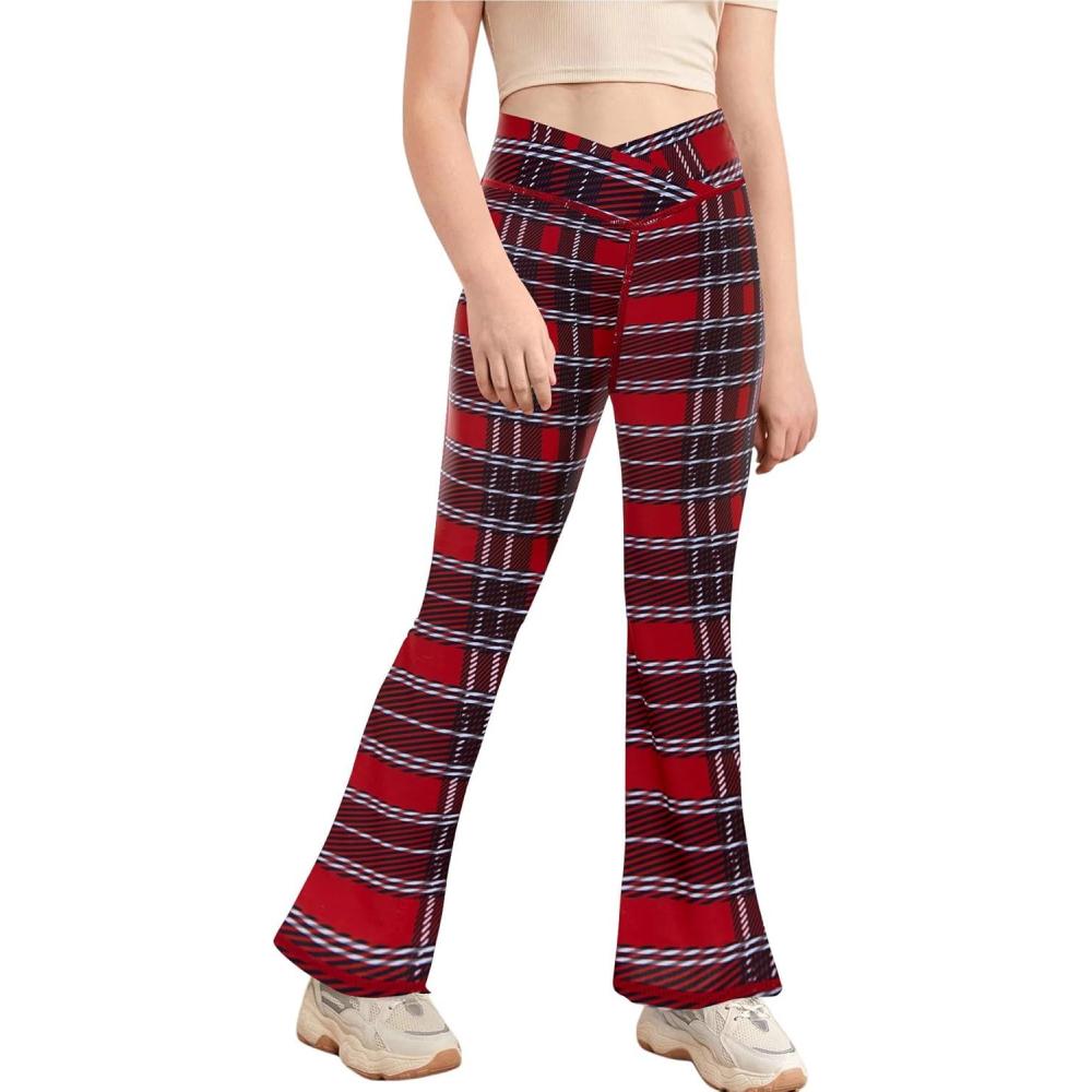 image:imageGirls Leggings Cross High Waisted Flare Pants Yoga Bootcut Pants Solid Color Full Length Bell BottomsRed Checkered