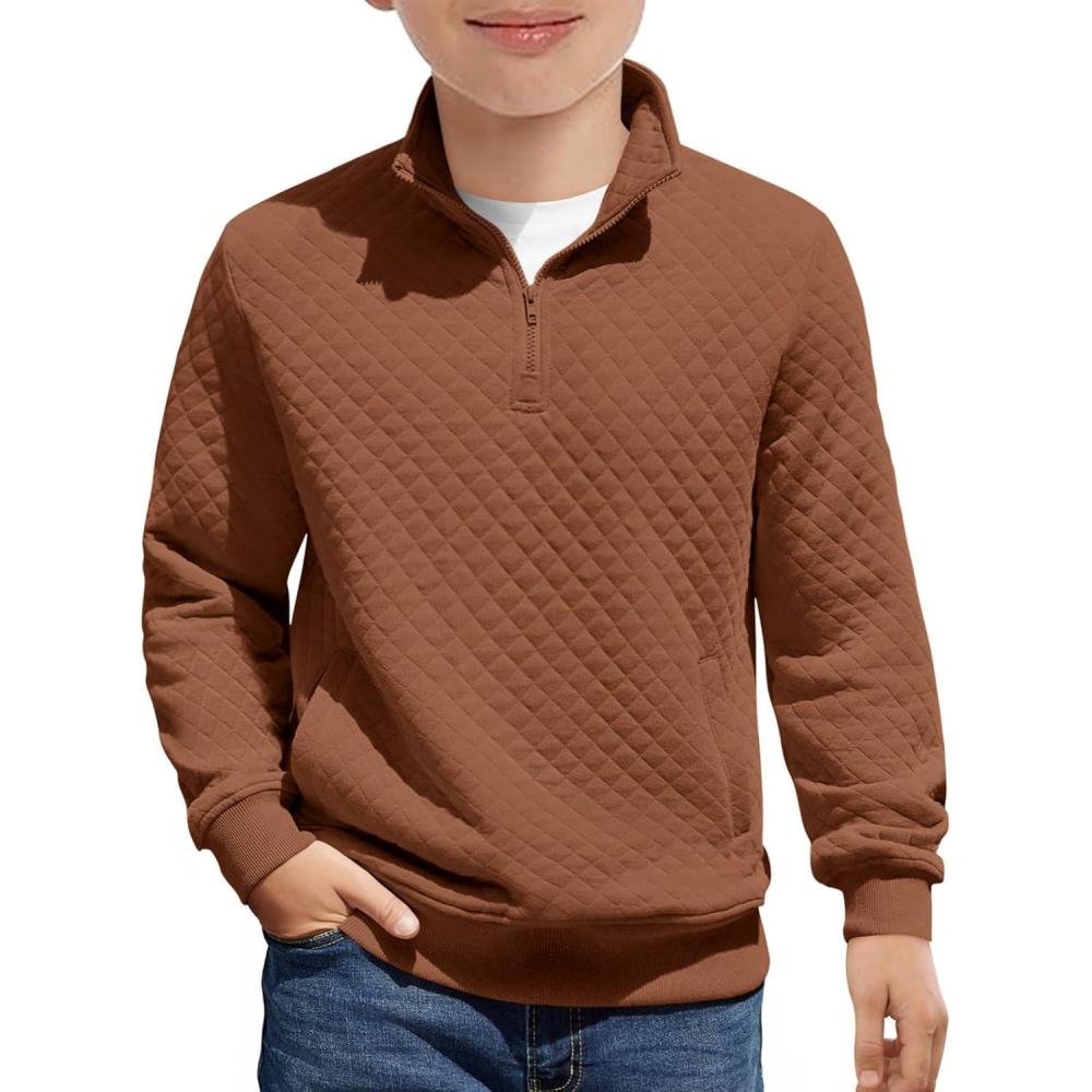 image:imageHaloumoning Boys Quarter Zip Quilted Sweatshirts Kids Fashion Long Sleeve Pullover Clothes 514 YearsBrown