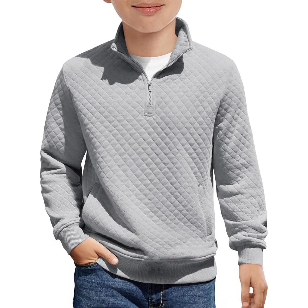 image:imageHaloumoning Boys Quarter Zip Quilted Sweatshirts Kids Fashion Long Sleeve Pullover Clothes 514 YearsGrey