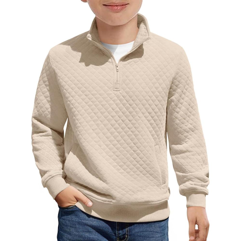 image:imageHaloumoning Boys Quarter Zip Quilted Sweatshirts Kids Fashion Long Sleeve Pullover Clothes 514 YearsKhaki