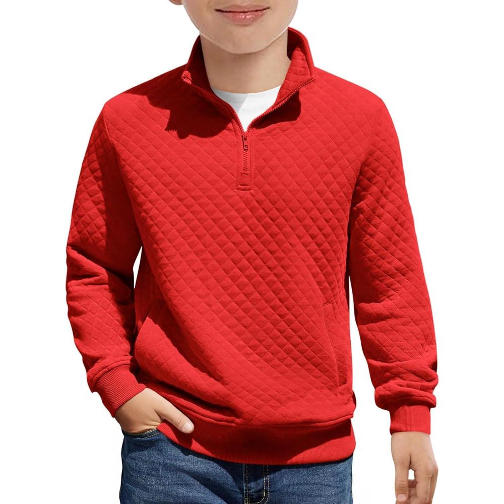 image:imageHaloumoning Boys Quarter Zip Quilted Sweatshirts Kids Fashion Long Sleeve Pullover Clothes 514 YearsRed