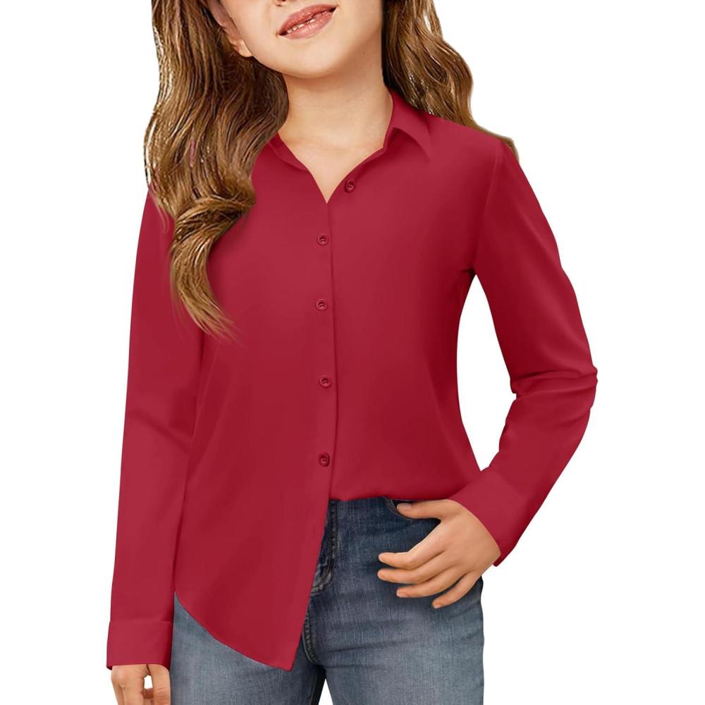 image:imageHaloumoning Girls Button Down Shirts Kids Long Sleeve Dress Shirts School Uniform Blouse 514 YearsRed