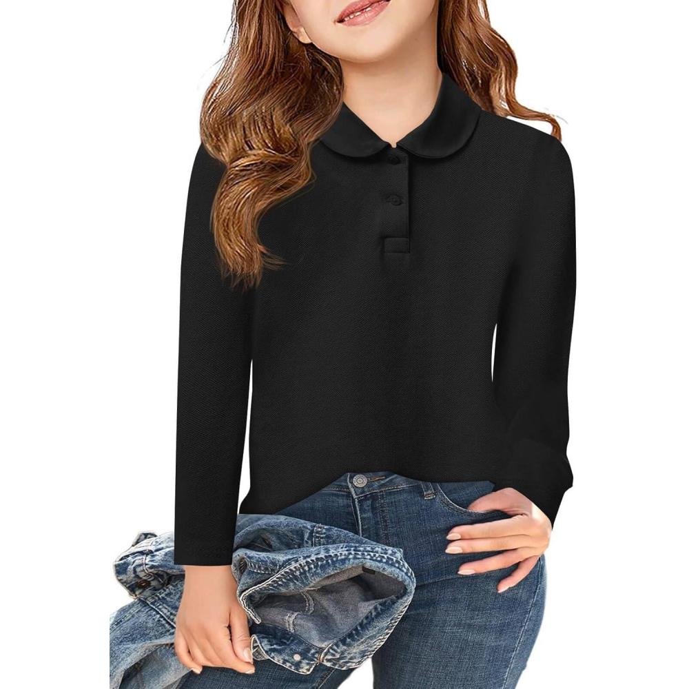 image:imageHaloumoning Girls Long Sleeve Polo Shirts Kids Peter Pan Collar School Uniform Shirts Cute Tops 514YBlack