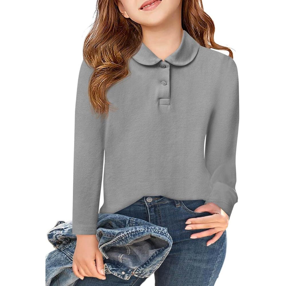 image:imageHaloumoning Girls Long Sleeve Polo Shirts Kids Peter Pan Collar School Uniform Shirts Cute Tops 514YLight Grey