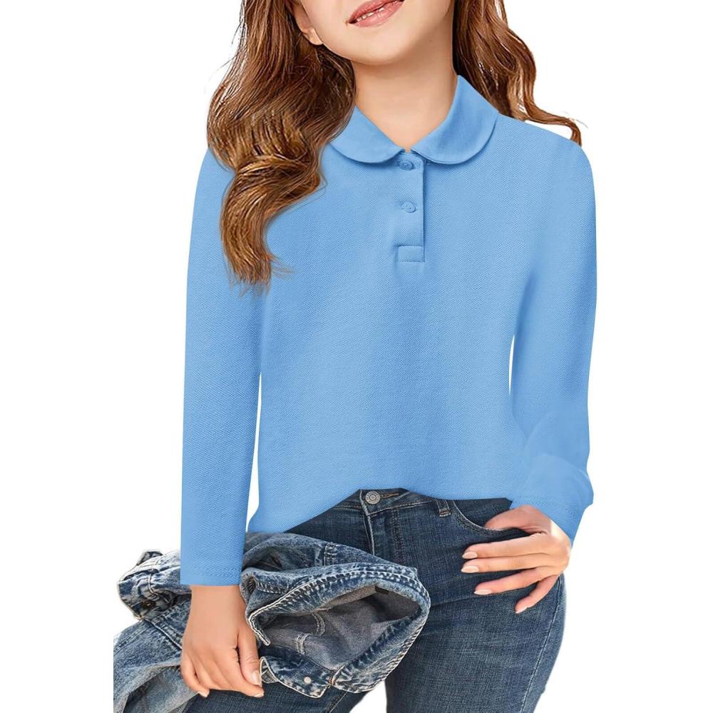image:imageHaloumoning Girls Long Sleeve Polo Shirts Kids Peter Pan Collar School Uniform Shirts Cute Tops 514YSky Blue