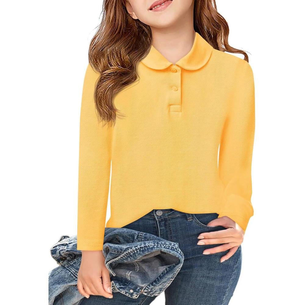 image:imageHaloumoning Girls Long Sleeve Polo Shirts Kids Peter Pan Collar School Uniform Shirts Cute Tops 514YYellow
