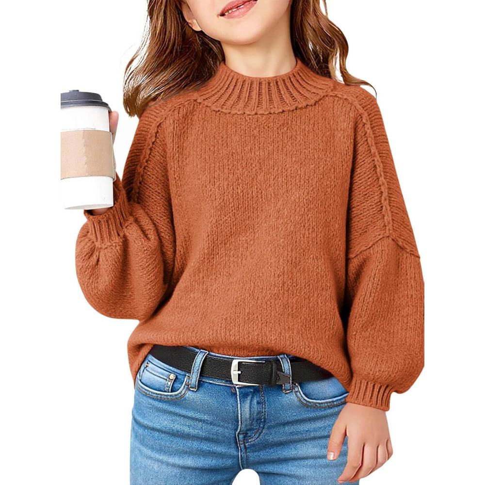 image:imageHaloumoning Girls Oversized Sweater Kids Batwing Long Sleeve Mock Neck Pullover Fall Clothes 514YBrown