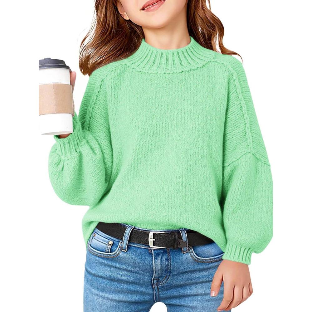 image:imageHaloumoning Girls Oversized Sweater Kids Batwing Long Sleeve Mock Neck Pullover Fall Clothes 514YMint Green